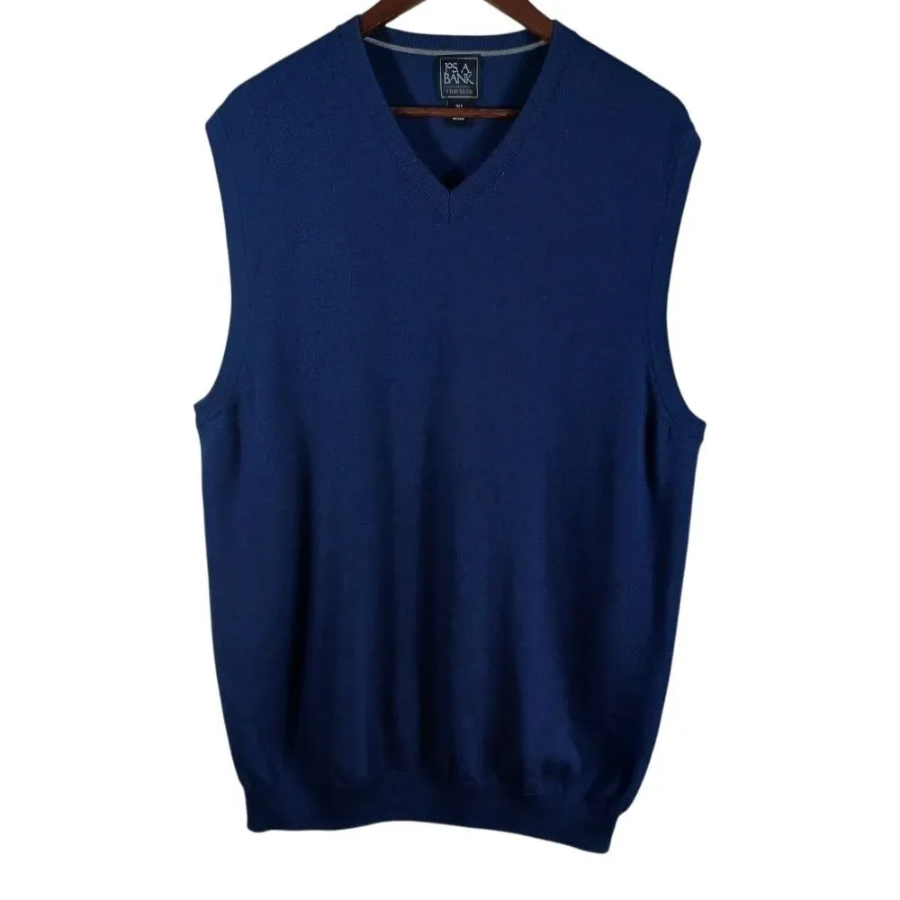 Jos A Bank 2XLT Traveler Merino Wool Preppy Sweater Vest Mens Navy V Neck Tall
